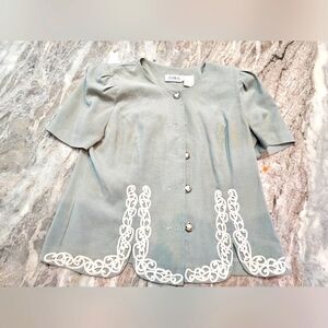 Manik In Pearl Button Blouse Size 10 Green White Trim Short Sleeve Vintage Look